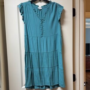 Chic Teal Ruffle Sleeve Mini Dress